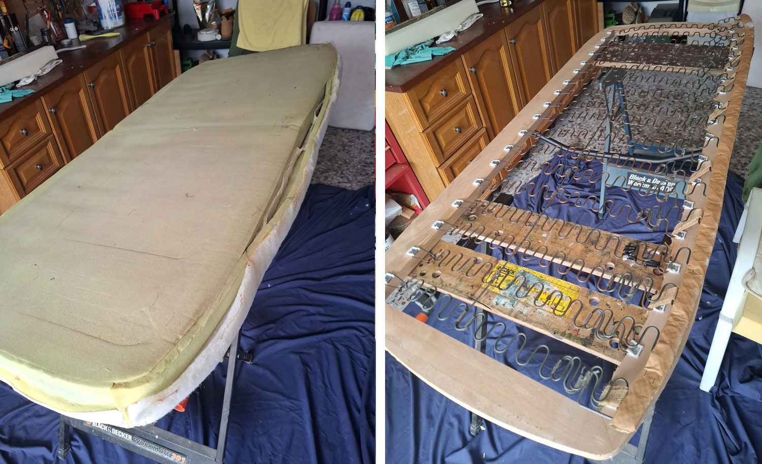 Reparar base de sofá de +25 años - Empezamos por quitar la espuma vieja para llegar a los muelles.