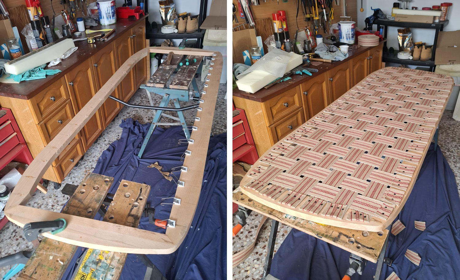Reparar base de sofá de +25 años - Continuamos quitando los viejos y estropeados muelles que reemplazamos con una cincha para tapicería.