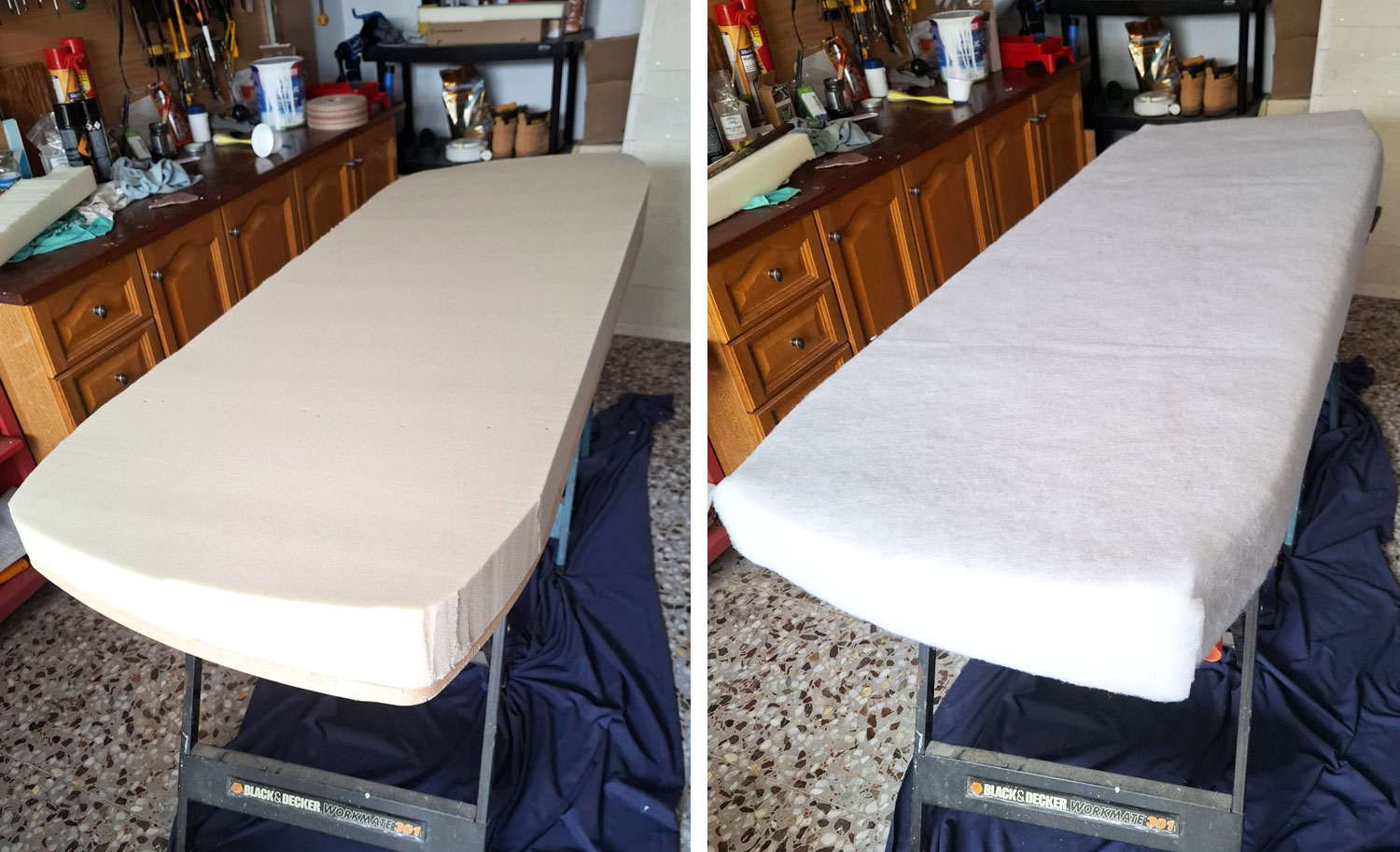 Reparar base de sofá de +25 años - Añadimos la pieza de espuma de densidad 40 y una capa de rollo de fibra de 1,5 cm para que quede más mullidito.