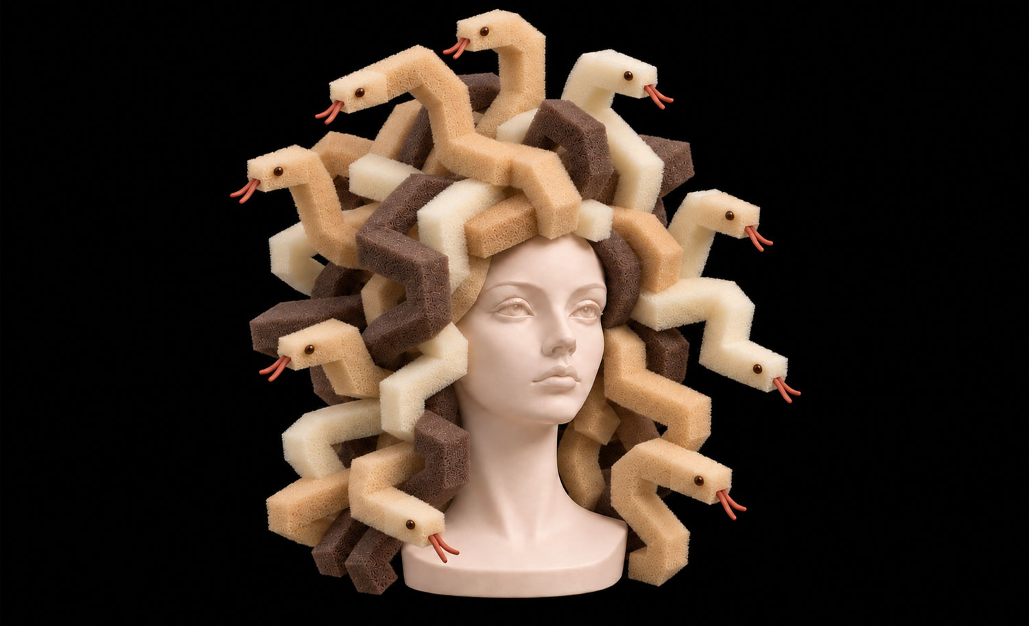 Peluca de Medusa con espuma geométrica, con serpientes enroscadas en tonos marrones y crema sobre un busto